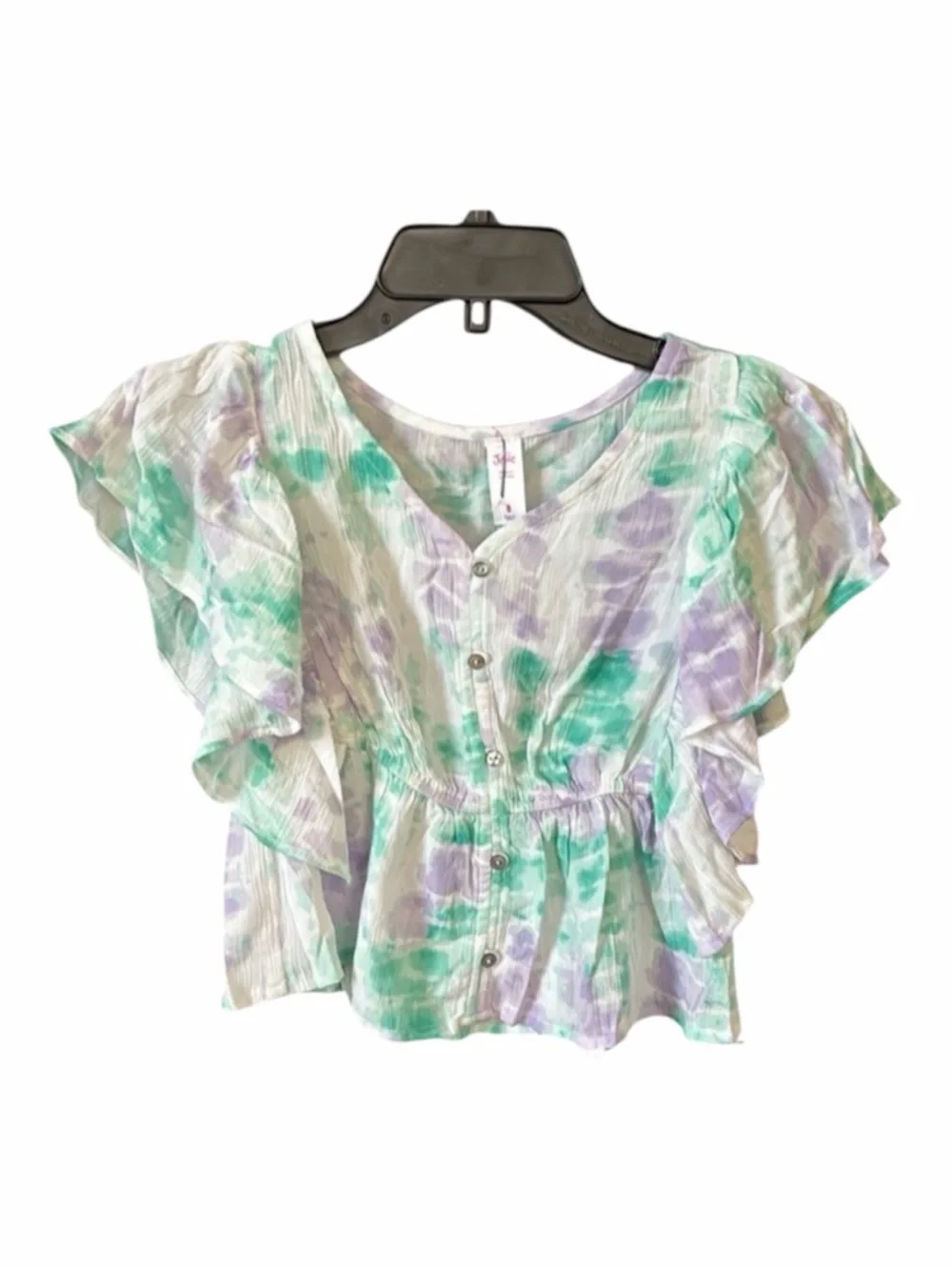 Justice Girls White Purple and Green Short Sleeve Ruffle Detailing Top